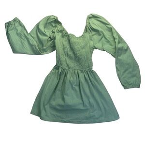 FP Beach by Free People Green Puff Sleeve Smocked Mini Dress M